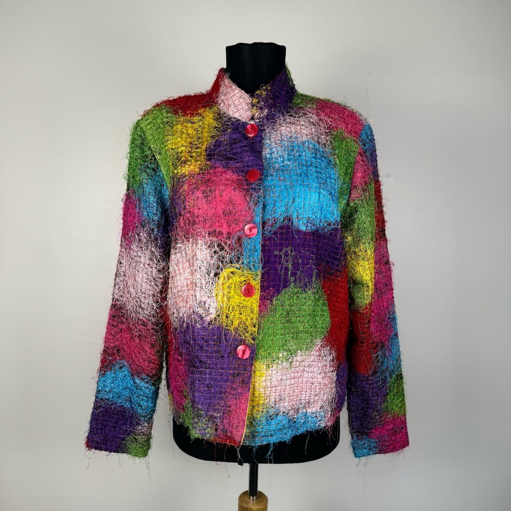 Vintage 80s 90s Textured Fuzzy Abstract Art Jacket, Color Block Avant Garde